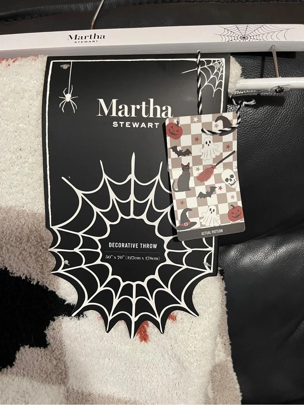 Martha Stewart Cream and Black Halloween Plush Throw with Ghost & Bat Pattern